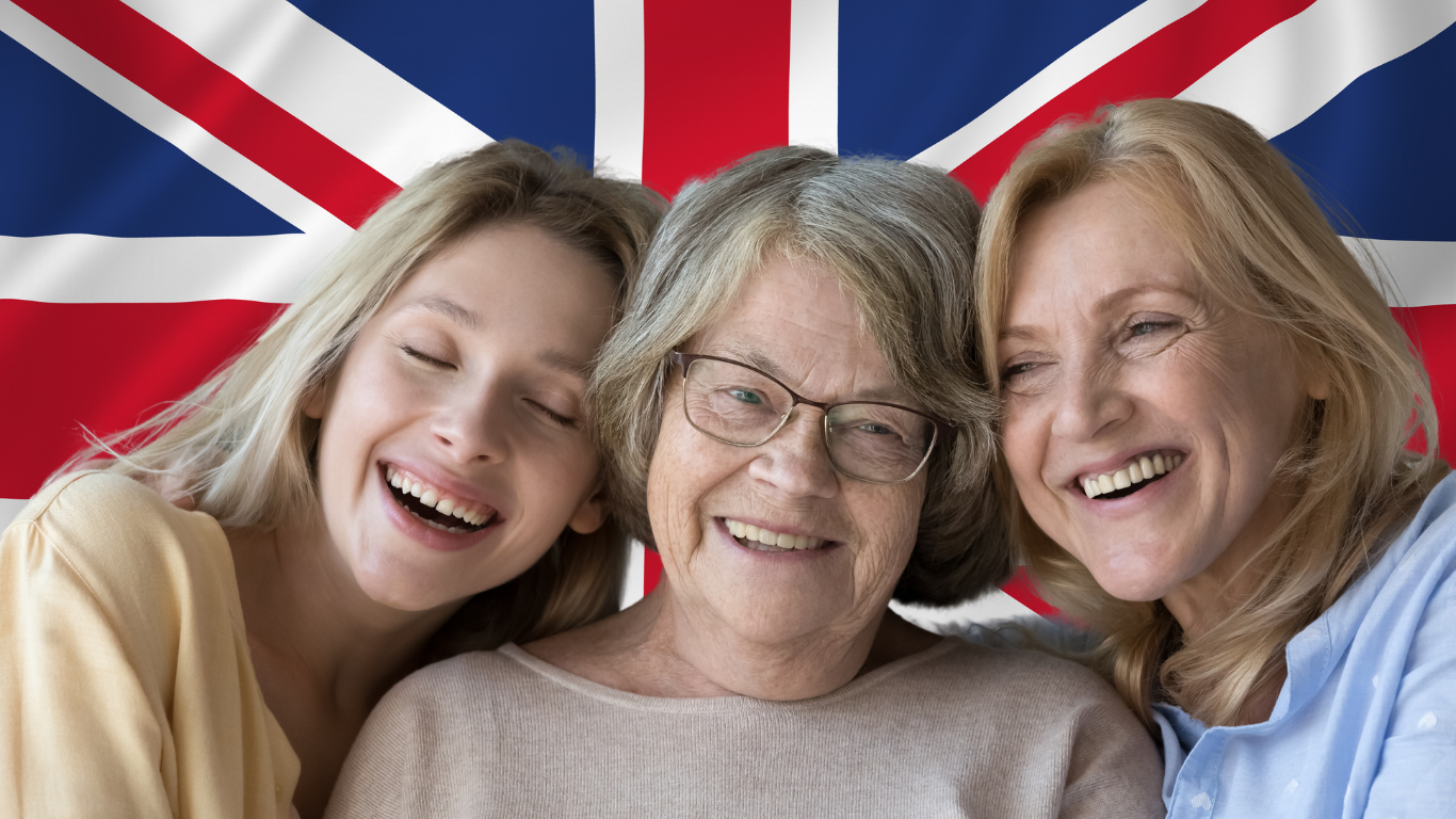 Emigrate to the UK age limit – UK flag background with three smiling women of different ages: one older, one young, and one middle-aged.